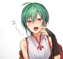 Rule 34 | ahoge, androgynous, bad id, bad twitter id, bare shoulders, chinese clothes, earrings, gender request, green hair, jewelry, konbu wakame, mouth pull, nijisanji, off shoulder, open mouth, purple eyes, ryuushen, short hair, solo, teeth, throat, virtual youtuber