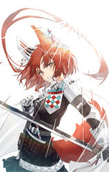 Rule 34 | 1girl, animal ears, arknights, armor, belt, brown eyes, cowboy shot, flametail (arknights), gauntlets, highres, holding, holding sword, holding weapon, long hair, looking at viewer, parted lips, red hair, shoulder armor, simple background, solo, squirrel ears, squirrel girl, squirrel tail, sword, sye, tail, very long hair, weapon, white background
