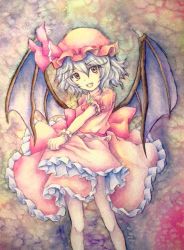 Rule 34 | 1girl, :d, ascot, bat wings, bow, dress, fang, female focus, hat, hat bow, highres, open mouth, painting (medium), pink dress, pink eyes, remilia scarlet, short hair, silver hair, skirt, smile, solo, standing, touhou, traditional media, watercolor (medium), wings, wrist cuffs, yellow eyes, yuyu (00365676)