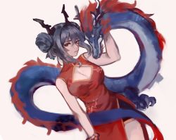 Rule 34 | 1girl, arknights, bead bracelet, beads, black shorts, blue hair, bracelet, breasts, ch&#039;en (arknights), china dress, chinese clothes, cleavage, cleavage cutout, clothing cutout, commentary, cowboy shot, double bun, dragon, dragon horns, dress, dutch angle, eastern dragon, hair bun, half-closed eyes, highres, horns, jewelry, large breasts, lips, long hair, looking at viewer, petting, red dress, red eyes, shorts, simple background, sleeveless, sleeveless dress, solo, white background, zxny