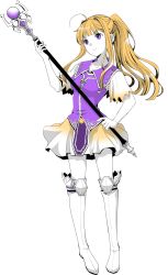 Rule 34 | 1girl, 20x30x30, ahoge, blonde hair, boots, clarine, collarbone, expressionless, fire emblem, fire emblem: the binding blade, highres, holding, holding staff, limited palette, long hair, nintendo, ponytail, purple eyes, short sleeves, simple background, skirt, solo, staff, thigh boots, thighhighs, white background