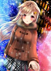 Rule 34 | 10s, 1girl, amagami (makise tsubaki), bad id, bad pixiv id, black ribbon, blonde hair, blush, brown coat, coat, duffel coat, dutch angle, fur-trimmed coat, fur trim, hair flaps, hair ornament, hair ribbon, hairclip, highres, holding hands, jewelry, kantai collection, long hair, looking at viewer, parted lips, petals, plaid, plaid skirt, red eyes, ribbon, ring, skirt, snow, solo, solo focus, swept bangs, wedding band, yuudachi (kancolle)