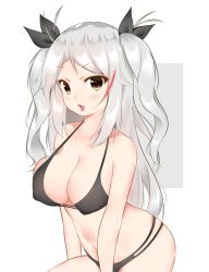Rule 34 | 1girl, absurdres, ayuko (mochiayuko), azur lane, between legs, bikini, black bikini, bow, breasts, cleavage, collarbone, covered erect nipples, cowboy shot, grey background, hair bow, hand between legs, highres, large breasts, lips, long hair, looking at viewer, mole, mole on breast, multicolored hair, navel, open mouth, prinz eugen (azur lane), prinz eugen (unfading smile) (azur lane), red hair, silver hair, simple background, solo, swimsuit, twintails, two-tone background, two-tone hair, two side up, white background, yellow eyes