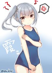 Rule 34 | 1girl, angry, black ribbon, blue background, blue one-piece swimsuit, blush, breasts, brown eyes, character name, collarbone, covering privates, covering crotch, frown, gradient background, grey hair, hair between eyes, hair ribbon, kantai collection, kasumi (kancolle), long hair, looking at viewer, one-piece swimsuit, ribbon, school swimsuit, side ponytail, small breasts, solo, sou (soutennkouchi), swimsuit, twitter username, white background