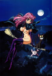 Rule 34 | 1girl, absurdres, black cat, boots, breasts, broom, broom riding, building, cape, cat, copyright request, crossed legs, dark, elbow gloves, flying, full moon, gloves, green eyes, high heel boots, high heels, highres, large breasts, long hair, mon mon, moon, mountain, navel, night, night sky, nipple piercing, nipples, ocean, outdoors, piercing, pink hair, shoes, sidesaddle, sitting, sky, smile, stiletto boots, stiletto heels, thigh boots, thighhighs, water, witch