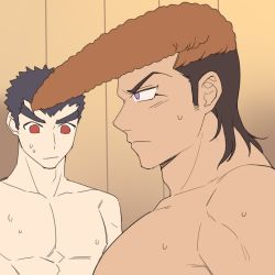 Rule 34 | 2boys, brown hair, closed mouth, danganronpa: trigger happy havoc, danganronpa (series), from side, girl staring at guy&#039;s chest (meme), ishimaru kiyotaka, large pectorals, looking at another, male focus, medium hair, meme, multicolored hair, multiple boys, muscle envy, muscular, muscular male, nude, owada mondo, p3ta (yio), pectoral focus, pectorals, pompadour, profile, red eyes, short hair, sweat, two-tone hair, upper body