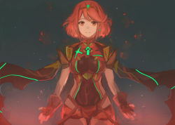 Rule 34 | 1girl, absurdres, breasts, chest jewel, closed mouth, earrings, fingerless gloves, fingernails, gem, gloves, headpiece, highres, jewelry, looking at viewer, moor, pantyhose, pyra (xenoblade), red eyes, red hair, red shorts, short hair, short sleeves, shorts, solo, swept bangs, tiara, xenoblade chronicles (series), xenoblade chronicles 2