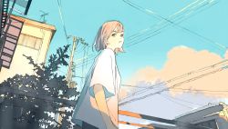 Rule 34 | 1girl, blue sky, building, closed mouth, cloud, commentary request, from side, grey eyes, highres, light brown hair, looking at viewer, original, power lines, railing, shirt, short hair, short sleeves, sky, solo, tree, upper body, utility pole, wamizu, white shirt