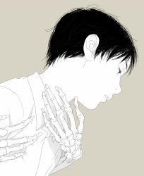 Rule 34 | 1boy, black hair, from side, grey background, hand on another&#039;s neck, hug, hug from behind, looking down, male focus, monochrome, original, out of frame, re:i, shirt, simple background, skeletal arm, solo focus, white shirt