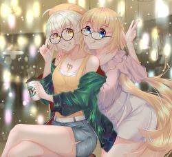 Rule 34 | 2girls, absurdres, alternate costume, bare shoulders, belt, blonde hair, blouse, blue eyes, blurry, blurry background, board game, breasts, coffee cup, commentary, cup, disposable cup, fate/grand order, fate (series), frilled shirt collar, frills, glasses, go (board game), grin, highres, jacket, jeanne d&#039;arc (fate), jeanne d&#039;arc (ruler) (fate), jeanne d&#039;arc alter (avenger) (fate), jeanne d&#039;arc alter (fate), large breasts, long hair, long sleeves, multiple girls, sd4869, shirt, short hair, shorts, silver hair, sitting, skirt, smile, tank top, tongue, tongue out, tsurime, yellow eyes