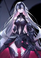 Rule 34 | 1girl, armor, armored boots, armored dress, bare shoulders, black dress, black thighhighs, boots, breasts, chain, cleavage, collar, dress, fate/grand order, fate (series), faulds, flag, fur-trimmed legwear, fur trim, gauntlets, grey hair, headpiece, highres, jeanne d&#039;arc alter (avenger) (fate), jeanne d&#039;arc alter (fate), large breasts, long hair, looking at viewer, metal collar, navel, plackart, polearm, pttyr, solo, sword, thighhighs, thighs, very long hair, weapon, yellow eyes