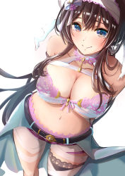 Rule 34 | 1girl, arms behind back, assault lily, bandaged arm, bandaged leg, bandaged neck, bandages, bare shoulders, belt, belt buckle, black belt, black thighhighs, blue eyes, blush, bow, breasts, brown hair, buckle, budget sarashi, chest sarashi, cleavage, closed mouth, collarbone, commentary request, commission, cowboy shot, dutch angle, from above, hair between eyes, hair bow, hair ribbon, hairband, halloween costume, highres, jewelry, large breasts, long hair, looking at viewer, looking up, midriff, mummy costume, navel, ochi r, official alternate costume, overskirt, pendant, pink shorts, ponytail, ribbon, sarashi, serizawa chikaru, short shorts, shorts, simple background, single thighhigh, skeb commission, smile, solo, standing, stomach, thighhighs, torn ribbon, underboob, very long hair, white background, white footwear, white hairband, white ribbon