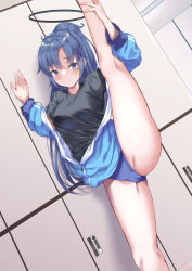 Rule 34 | 1girl, arm support, bare legs, black shirt, blue archive, blue hair, cameltoe, closed mouth, dutch angle, feet out of frame, halo, highres, long hair, long sleeves, looking at viewer, off shoulder, parted bangs, partially unzipped, ponytail, purple eyes, raised eyebrows, shirt, solo, split, standing, standing on one leg, standing split, thighs, yukishiro arte, yuuka (blue archive), yuuka (track) (blue archive)