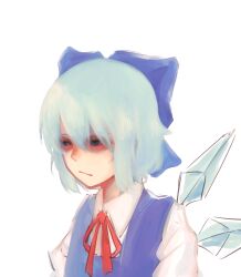Rule 34 | 1girl, :/, absurdres, blue bow, blue dress, blue eyes, blue hair, bow, cirno, cirno day, dress, flat chest, hair between eyes, highres, ice, ice wings, red eyes, red ribbon, ribbon, simple background, sinonon218, solo, stoned, touhou, upper body, white background, wing collar, wings