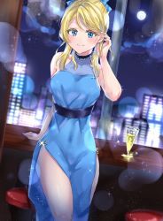 Rule 34 | 1girl, alternate hairstyle, ayase eli, bad id, bad twitter id, bar stool, blonde hair, blue dress, blue eyes, blue ribbon, blurry, blush, bokeh, breasts, commentary request, counter, covered navel, cup, depth of field, dress, drinking glass, hair ribbon, tucking hair, half updo, highres, jewelry, long hair, looking at viewer, love live!, love live! school idol festival, love live! school idol project, medium breasts, minori 748, necklace, night, pearl necklace, ribbon, sash, side slit, sidelocks, sleeveless, sleeveless dress, smile, solo, sparkle, stool, window, wine glass