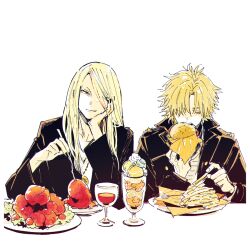 Rule 34 | 2boys, black jacket, black nails, blonde hair, burger, coat, daybit sem void, eating, fast food, fate/grand order, fate (series), food, fork, french fries, hair between eyes, hair over one eye, hand on own face, holding, holding fork, jacket, jewelry, long hair, looking at another, male focus, medallion, milkshake, multiple boys, necklace, nobicco, open clothes, open jacket, shirt, short hair, simple background, smile, tezcatlipoca (fate), trench coat, upper body, white background, white shirt