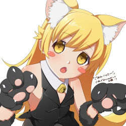 Rule 34 | 1girl, absurdres, animal ears, animal hands, bare shoulders, bell, blonde hair, candy, cat ears, cat paws, cat tail, collar, drawdream1025, food, highres, long hair, looking at viewer, monogatari (series), navel, neck bell, open mouth, oshino shinobu, solo, tail, upper body, yellow eyes