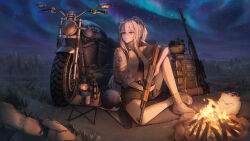 Rule 34 | 1girl, absurdres, ak-47, alternate costume, alternate hairstyle, animal ear piercing, animal ears, assault rifle, aurora, backpack, bag, black shirt, boots, brown footwear, brown jacket, campfire, collared jacket, commentary, cropped shirt, crossed ankles, cup, double-parted bangs, dragunov svd, full body, green shorts, grey eyes, grey hair, gun, hair between eyes, high ponytail, highres, holding, holding gun, holding weapon, hololive, jacket, kalashnikov rifle, knee up, lamp, lion ears, lion girl, lion tail, long hair, long sleeves, looking to the side, motor vehicle, motorcycle, mountain, nathon, navel, night, open clothes, open jacket, outdoors, ponytail, rifle, scenery, shirt, shishiro botan, short shorts, shorts, sidelocks, sitting, sky, sleeves past elbows, sniper rifle, solo, ssrb (shishiro botan), star (sky), starry sky, tail, virtual youtuber, weapon