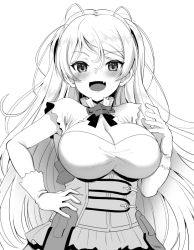 Rule 34 | 1girl, armpit cutout, breasts, cleavage, cleavage cutout, clothing cutout, commentary request, conte di cavour (kancolle), conte di cavour nuovo (kancolle), corset, dress, fang, frilled dress, frills, gloves, greyscale, hand on own hip, kantai collection, kyogoku shin, large breasts, long hair, monochrome, simple background, skin fang, smile, solo, two-tone dress, two side up, upper body