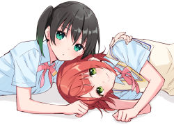 Rule 34 | 2girls, arm support, black hair, blue shirt, blunt bangs, closed mouth, collared shirt, commentary, dress shirt, gradient hair, green eyes, green hair, hair between eyes, hand in own hair, hand on another&#039;s shoulder, highres, hijiki (hijikini), light blush, looking at viewer, love live!, love live! nijigasaki high school idol club, lying, multicolored hair, multiple girls, neck ribbon, nijigasaki academy school uniform, on side, on stomach, parted lips, pink ribbon, red hair, ribbon, school uniform, shirt, short hair, short sleeves, simple background, smile, sweater vest, takasaki yu, twintails, two-tone hair, uehara ayumu, upper body, white background