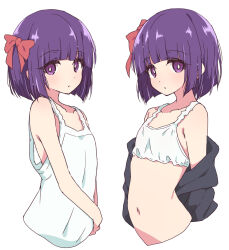 Rule 34 | 1girl, bob cut, bow, dress, fern (sousou no frieren), flat chest, hair bow, highres, looking at viewer, mel (melty pot), multiple views, navel, purple eyes, purple hair, red bow, simple background, sleeveless, sleeveless dress, sousou no frieren, stomach, white background, white dress