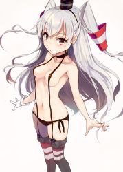 Rule 34 | 10s, 1girl, amatsukaze (kancolle), black panties, blush, breasts, brown eyes, garter straps, gloves, hair tubes, highres, kantai collection, kuzu (miduhana), long hair, looking at viewer, navel, no bra, panties, side-tie panties, silver hair, single glove, small breasts, solo, striped clothes, striped thighhighs, thighhighs, two side up, underwear, white gloves