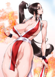 Rule 34 | 1girl, absurdres, breasts, brown eyes, brown hair, cleavage, fatal fury, highres, huge breasts, long hair, ponytail, shiranui mai, snk, solo, standing, the king of fighters, yuri ai