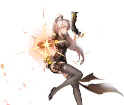 Rule 34 | 1girl, arm tattoo, bird, blonde hair, closed mouth, dual wielding, expressionless, gun, holding, long hair, looking at viewer, official art, ponytail, samir (tower of fantasy), short sleeves, solo, tattoo, thighhighs, tower of fantasy, weapon, yellow eyes