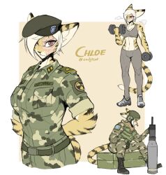 Rule 34 | 1girl, abs, animal ears, arms behind back, beret, blonde hair, boots, crate, crop top, dumbbell, endjfcar, exercising, fac, furry, furry female, hat, helmet, shoes, looking at viewer, military uniform, missile, original, scar, scar on face, shoes, sitting, smile, sneakers, soldier, solo, tail, toned, uniform