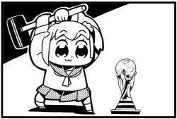 Rule 34 | 10s, 1girl, :3, bkub, comic, greyscale, hammer, lowres, md5 mismatch, monochrome, poptepipic, popuko, school uniform, serafuku, sidelocks, simple background, sledgehammer, solo, two-tone background, two side up, world cup