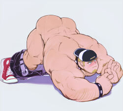 Rule 34 | 1boy, arched back, arm hair, ass, back, backwards hat, bara, black bracelet, black choker, blonde hair, blue eyes, blush, butt crack, choker, clothes pull, facial hair, full body, goatee, hat, highres, human (uleez), jack-o&#039; challenge, large pectorals, legs together, looking up, male focus, muscular, muscular male, original, pants, pants pull, partially undressed, pectorals, penetration gesture, short hair, sideburns, simple background, solo, sweat, top-down bottom-up, topless male, uleez, white background