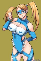 Rule 34 | 1990s (style), 1girl, arm behind back, blue eyes, breasts, brown background, cleavage, dated, heart, highres, large breasts, leotard, long hair, looking at viewer, mask, miura hajime, rainbow mika, retro artstyle, simple background, smile, solo, street fighter, street fighter zero (series), twintails