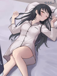 Rule 34 | 1girl, 1other, absurdres, bare legs, bed sheet, black hair, blush, glance, highres, idolmaster, idolmaster shiny colors, long hair, looking at another, lying, mayuzumi fuyuko, no pants, on back, pajamas, pillow, sjuno, solo focus, straight hair, very long hair, zzz