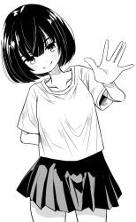 Rule 34 | 1girl, \||/, closed mouth, collarbone, cowboy shot, greyscale, hand up, hatching (texture), head tilt, highres, legs apart, linear hatching, looking at viewer, miniskirt, monochrome, open hand, original, pleated skirt, shirt, short hair, short sleeves, sidelocks, skirt, smile, smison, solo, t-shirt