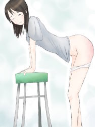 Rule 34 | 1girl, arched back, arm support, black eyes, black hair, blush, clenched teeth, gradient background, one eye closed, original, panties, panty pull, shiogohan, shirt, short hair, short sleeves, spanked, stool, t-shirt, teeth, underwear, white panties