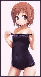 Rule 34 | 1girl, bad id, bad pixiv id, bare shoulders, brown eyes, brown hair, clothes pull, covered navel, light smile, looking at viewer, one-piece swimsuit, one-piece swimsuit pull, original, sawada yuusuke, school swimsuit, short hair, simple background, solo, swimsuit, undressing