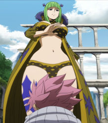 Rule 34 | 1boy, 1girl, bikini, brandish mew, breasts, cleavage, fairy tail, giant, giantess, green hair, highres, large breasts, looking down, natsu dragneel, navel, pink hair, revealing clothes, swimsuit