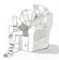Rule 34 | 00s, 1girl, chair, couch, maka albarn, monochrome, non-web source, sketch, solo, soul eater, twintails