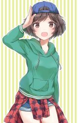 Rule 34 | 10s, 1girl, akiyama yukari, arm behind back, backwards hat, baseball cap, blue hat, blue shorts, brown eyes, brown hair, casual, clothes around waist, commentary request, cowboy shot, denim, denim shorts, girls und panzer, green background, green shirt, hat, hood, hoodie, long sleeves, looking at viewer, messy hair, open mouth, pants, pants rolled up, plaid, plaid shirt, red shirt, salute, shirt, shirt around waist, short hair, short shorts, shorts, smile, solo, standing, striped, striped background, tam a mat, vertical stripes