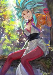 Rule 34 | 1girl, bad id, bad pixiv id, blue hair, breasts, bright pupils, cleavage, earrings, gloves, grin, in tree, jewelry, leggings, long hair, long sleeves, looking at viewer, naro0427, puffy sleeves, red leggings, ryouko (tenchi muyou!), sitting, sitting in tree, smile, solo, spiked hair, tenchi muyou!, tree, yellow eyes