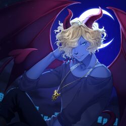 Rule 34 | 1boy, black shirt, blonde hair, blue eyes, blue skin, colored skin, crescent moon, demon boy, demon horns, demon tail, demon wings, deyan (show by rock!!), highres, horns, jewelry, long sleeves, looking at viewer, male focus, mel6969, moon, necklace, night, night sky, open mouth, shirt, short hair, show by rock!!, sky, smile, solo, star (sky), starry sky, tail, wings