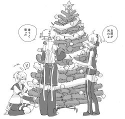 Rule 34 | +++, 3boys, bare shoulders, box, christmas garland, christmas lights, christmas ornaments, christmas tree, commentary, d futagosaikyou, decorating, detached sleeves, closed eyes, from behind, garland (decoration), greyscale, headphones, kagamine len, kagamine len (append), leg warmers, looking at another, male focus, monochrome, multiple boys, multiple persona, pointing, project diva (series), punkish (module), sailor collar, seiza, shirt, short ponytail, short sleeves, shorts, sitting, sleeveless, sleeveless shirt, smile, speech bubble, spiked hair, standing, star (symbol), sweat, translated, vocaloid, vocaloid append, white background