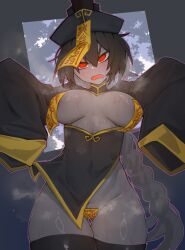 Rule 34 | 1girl, @ @, areola slip, black dress, black hair, black thighhighs, blush, chinese clothes, colored skin, covered navel, dress, english text, grey skin, hair between eyes, hands up, hat, highres, jiangshi, long hair, looking at viewer, low ponytail, maebari, ofuda, ofuda on head, ofuda on nipples, ofuda on pussy, open mouth, original, outstretched arms, pasties, pelvic curtain, qingdai guanmao, red eyes, shigezie, solo, steaming body, sweat, thighhighs, upper body, very long hair, very long sleeves, zombie pose
