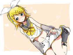 Rule 34 | 1girl, arm warmers, bare shoulders, blonde hair, blush, bow, detached sleeves, dutch angle, embarrassed, fortissimo, full body, hair bow, hair ornament, hairclip, headphones, headset, heart, heart background, heart of string, kagamine rin, kagamine rin (vocaloid4), kneeling, leg warmers, midriff, navel, pink background, sailor collar, see-through, shirt, short hair, shorts, sitting, sketch, sleeveless, sleeveless shirt, speaker, sudachi (calendar), v4x, vocaloid