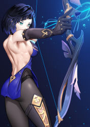 Rule 34 | 1girl, aiming, artist name, ass, back, backless dress, backless outfit, bad id, bad pixiv id, bare shoulders, black hair, black pantyhose, black thighhighs, bow (weapon), breasts, cowboy shot, diagonal bangs, dress, elbow gloves, eyeliner, fishnets, from side, genshin impact, gloves, green eyes, halter dress, halterneck, highres, makeup, median furrow, medium breasts, multicolored hair, pantyhose, purple hair, short dress, short hair, shoulder blades, sideboob, signature, single thighhigh, solo, sweat, thighhighs, thighhighs over pantyhose, thighs, tungsten (kwfr4544), two-tone hair, weapon, yelan (genshin impact)