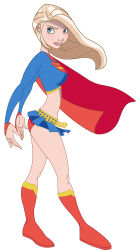 Rule 34 | 1girl, absurdres, alien, belt, blonde hair, blue eyes, boots, breasts, cape, clothes lift, dc comics, full body, highres, legs, long hair, looking at viewer, midriff, panties, red cape, red panties, serious, skirt, skirt lift, sleeves past wrists, solo, standing, supergirl, superman (series), underwear