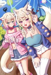 2girls absurdres angry animal_ears blonde_hair blue_eyes breast_envy breasts choconi cleavage cleavage_cutout clothing_cutout commentary dog_ears dog_tail fuwawa_abyssgard fuwawa_abyssgard_(3rd_costume) highres hololive hololive_english large_breasts midriff mococo_abyssgard mococo_abyssgard_(3rd_costume) multiple_girls purple_eyes self-upload smug sweat tail thighs