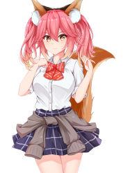 Rule 34 | 1girl, absurdres, animal ear fluff, animal ears, bad id, bad pixiv id, black skirt, blonde hair, blush, bow, bowtie, breasts, catnnn, clothes around waist, commentary request, cowboy shot, fate/extella, fate/extra, fate/grand order, fate (series), fox ears, fox girl, fox tail, hair between eyes, highres, large breasts, long hair, looking at viewer, multicolored hair, official alternate costume, pink hair, red bow, red bowtie, revision, school uniform, shirt, short sleeves, simple background, skirt, smile, solo, standing, sweater, sweater around waist, tail, tamamo (fate), tamamo no mae (fate/extra), tamamo no mae (jk) (fate), twintails, two-tone hair, white background, white shirt, yellow eyes