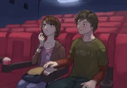 Rule 34 | 1boy, 1girl, absurdres, bag, blush, brown eyes, brown hair, clothes, dated, food, freckles, highres, indoors, life is strange, looking at another, max caulfield, movie theater, pants, popcorn, shirt, short hair, sitting, warren graham, watching