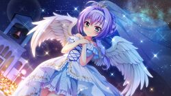 Rule 34 | 1girl, ahoge, angel wings, bare shoulders, bell, bridal veil, bride, candle, church, closed mouth, dot nose, dress, dutch angle, feathered wings, film grain, game cg, green eyes, hair intakes, hair ribbon, hairband, hands on own chest, hokaze kanade, izumi tsubasu, jewelry, layered skirt, lens flare, long hair, looking at viewer, necklace, night, night sky, non-web source, off-shoulder dress, off shoulder, official art, outdoors, purple brooch, purple hair, re:stage!, ribbon, see-through veil, shooting star, skirt, sky, smile, solo, sparkle, star (sky), starry sky, tiara, tile floor, tiles, veil, wedding, wedding dress, white dress, white hairband, white ribbon, white skirt, white wings, wings